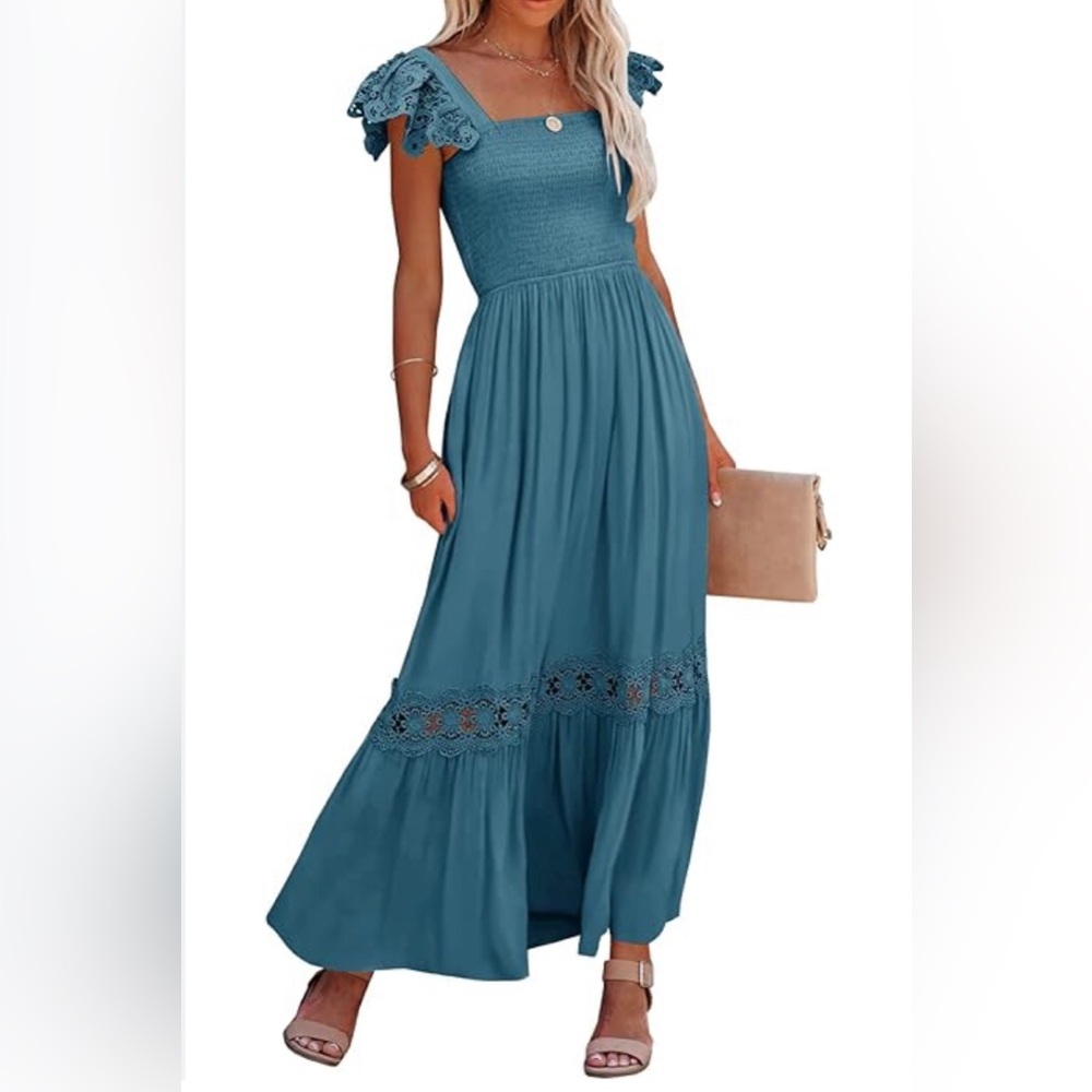 Teal Green Flutter Lace Sleeve Lined Maxi Dress Size Medium